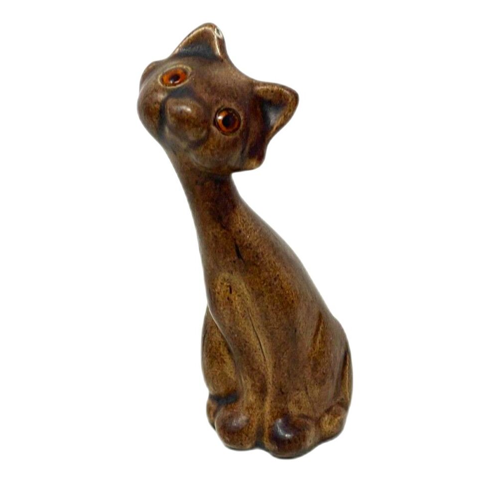 Vintage Paradise Guild Arts & Crafts Cat Figurine, Brown Kitty, Orange Eyes 5"